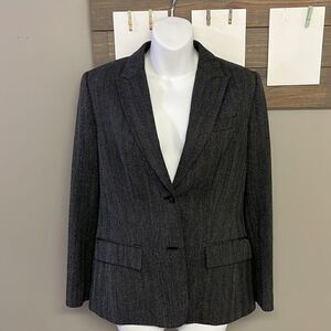 Ann Taylor Loft Petite Wool Chevron Black Button Front Lined Office Blazer 8P